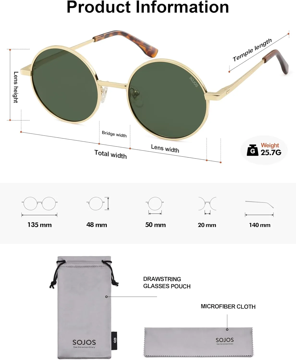 SOJOS Small Round Polarized Sunglasses for Women Men Retro Sun Glasses Vintage Shades UV400 Protection SJ1243