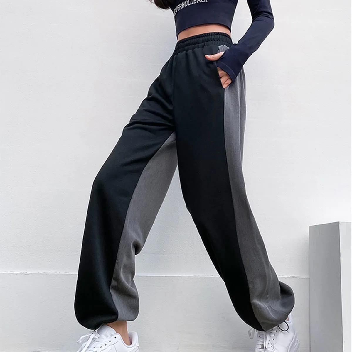 Straight Leg Sweatpants for Women Y2k Baggy Joggers for Women Patchwork Elastic High Waist Pants Soft Lounge Trouser