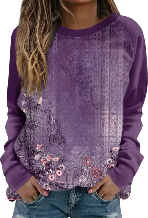 Sweatshirts for Women Floral Print Long Sleeve Cute Shirts Crewneck Graphic Plus Size Clothing Clothes