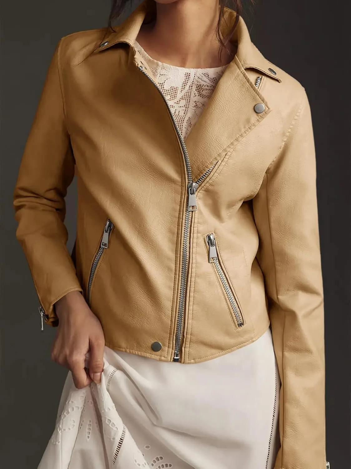 Tankaneo Womens Faux Leather Jackets Cropped Bomber Trendy Zip Up Motorcycle Biker Coat