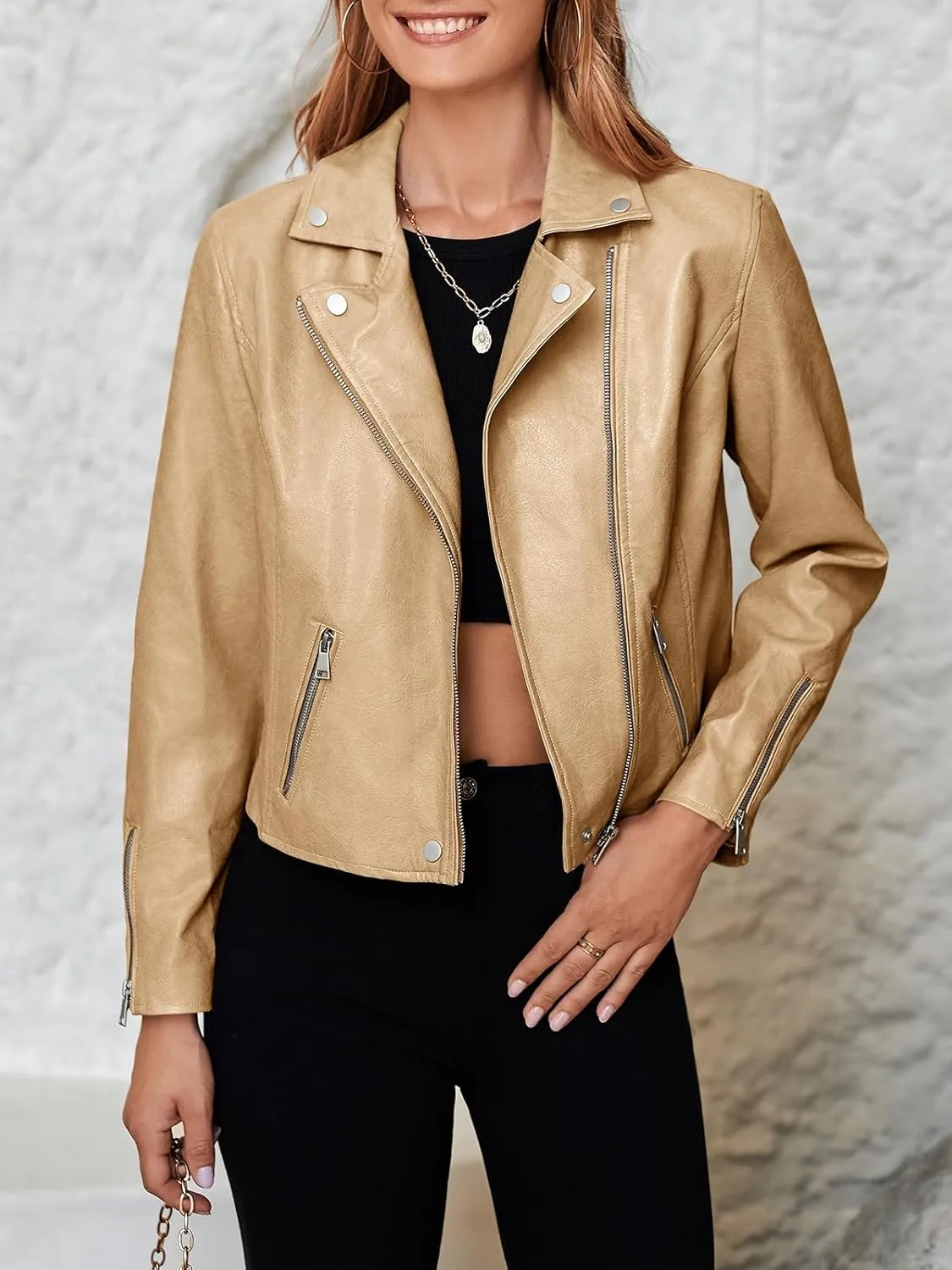 Tankaneo Womens Faux Leather Jackets Cropped Bomber Trendy Zip Up Motorcycle Biker Coat