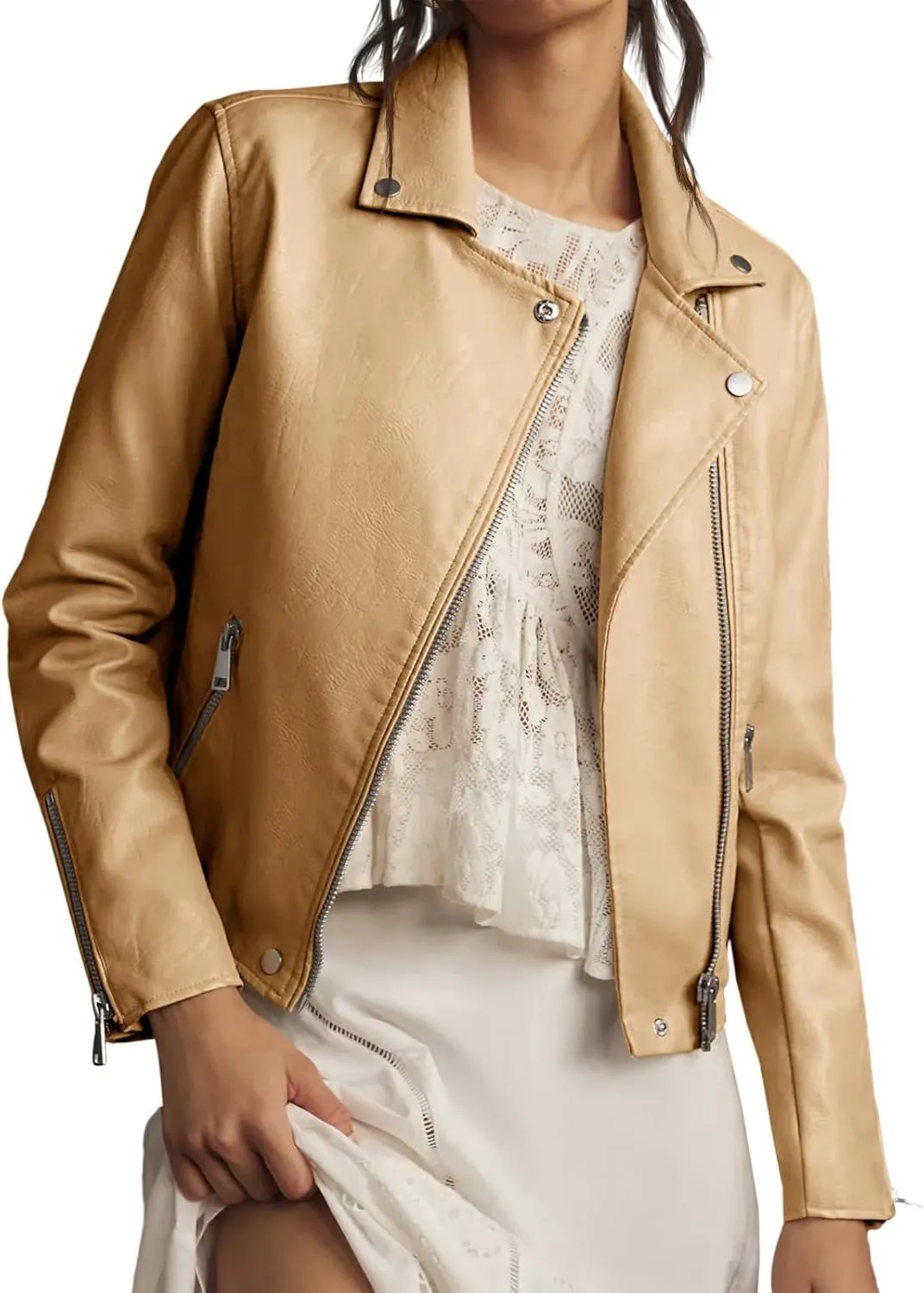 Tankaneo Womens Faux Leather Jackets Cropped Bomber Trendy Zip Up Motorcycle Biker Coat