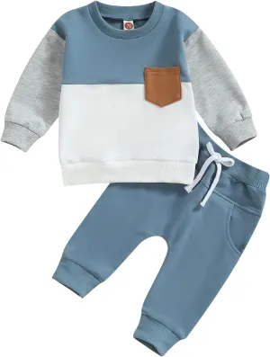 Toddler Baby Boy Clothes Color Block Pullover Sweatshirt Top Elastic Waist Pockets Joggers Pants 2Pcs Fall Outfit