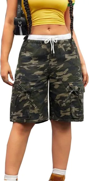 Unybwonn Women Camo Shorts Wide Leg Camouflage Cargo Long Shorts Army Fatigue Plus Size Y2k Bermuda Jorts with Pockets