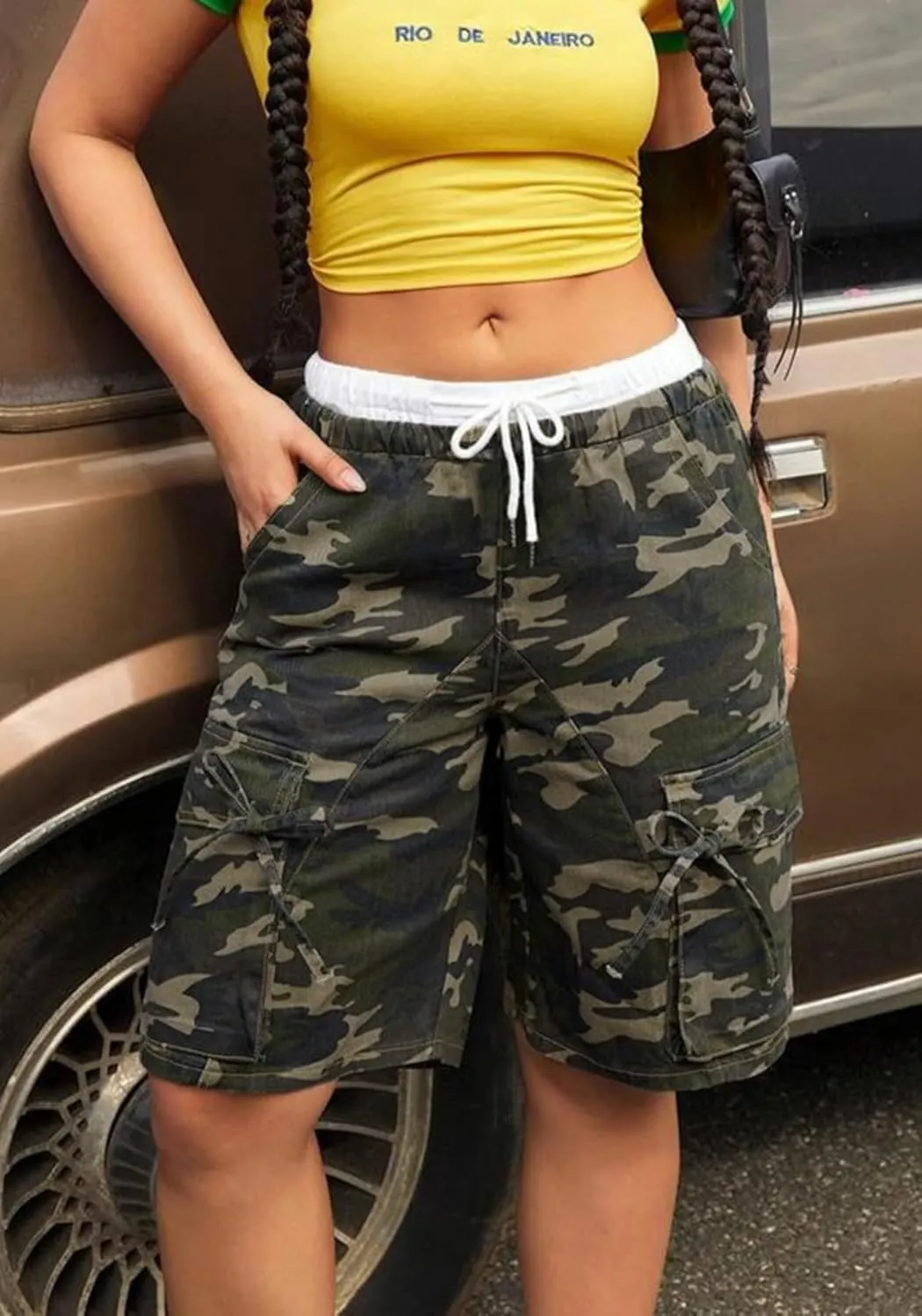 Unybwonn Women Camo Shorts Wide Leg Camouflage Cargo Long Shorts Army Fatigue Plus Size Y2k Bermuda Jorts with Pockets