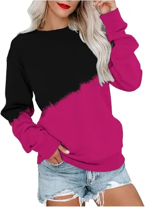 UQRZAU Women'S Colorblock Sweatshirt Long Sleeve Round Neck Casual Comfortable Loose Lightweight