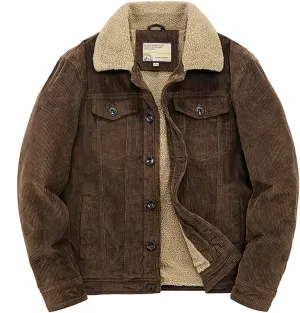 utcoco Men's Vintage Fleece Sherpa Lined Corduroy Denim Trucker Jackets Lapel Button Down Thickened Winter Coats