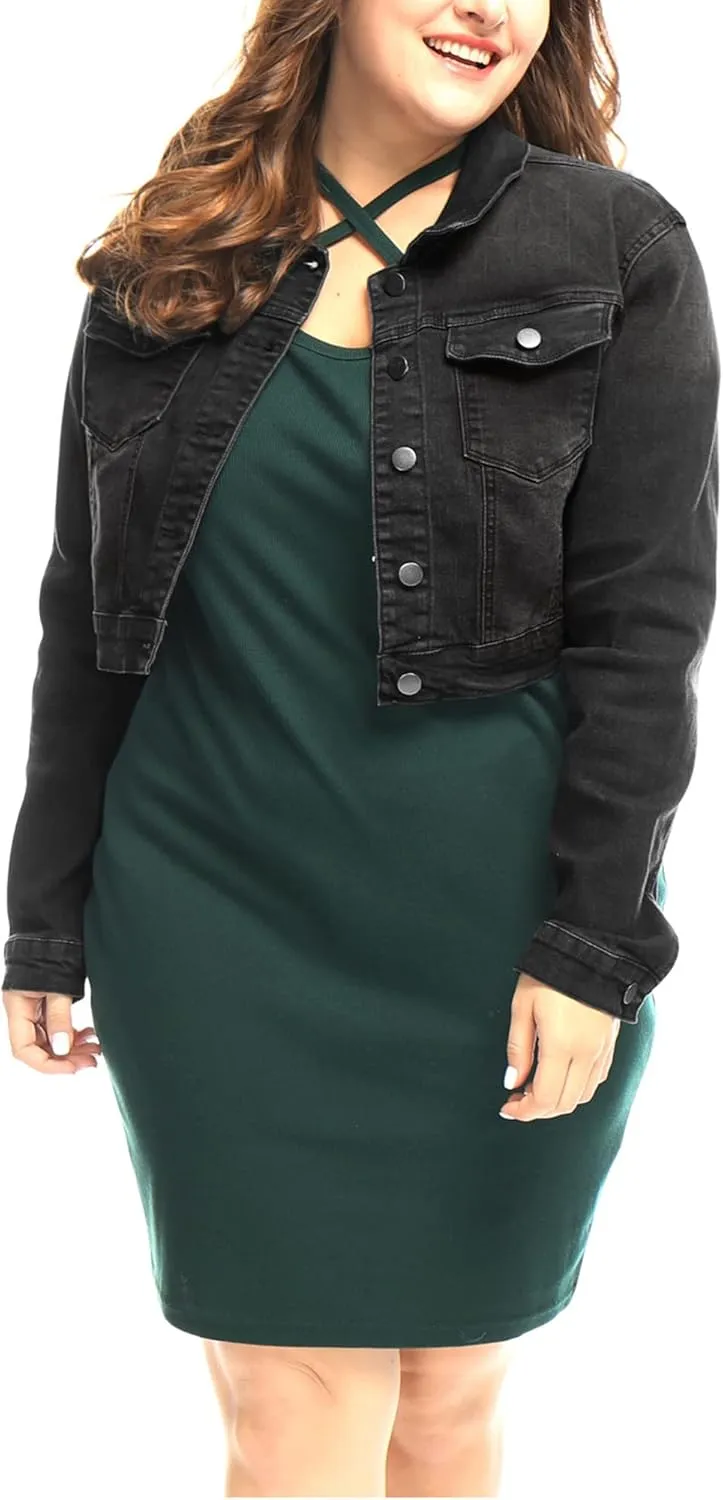 uxcell Women's Plus Size Button Closed Cropped Denim Jackets Stitching 2025