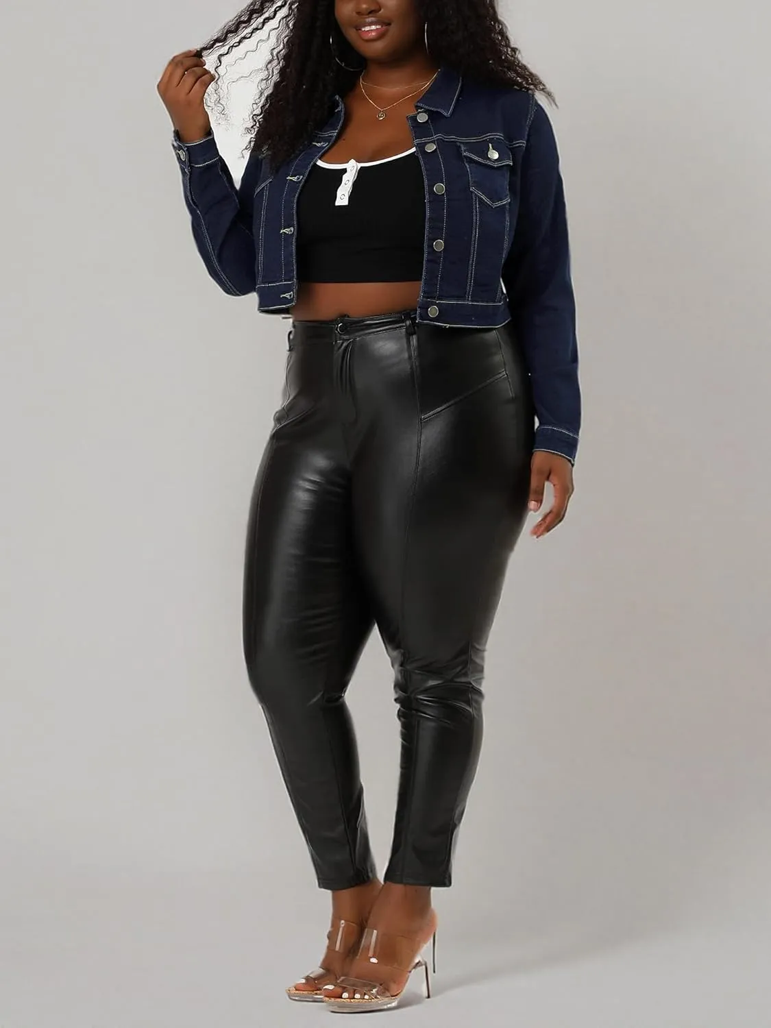 uxcell Women's Plus Size Button Closed Cropped Denim Jackets Stitching 2025