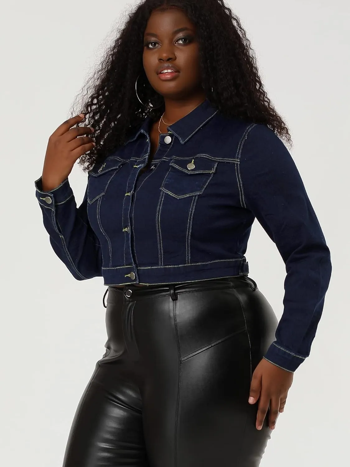 uxcell Women's Plus Size Button Closed Cropped Denim Jackets Stitching 2025
