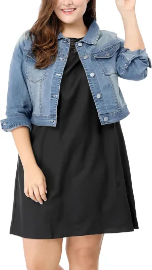 uxcell Women's Plus Size Button Closed Cropped Denim Jackets Stitching 2025
