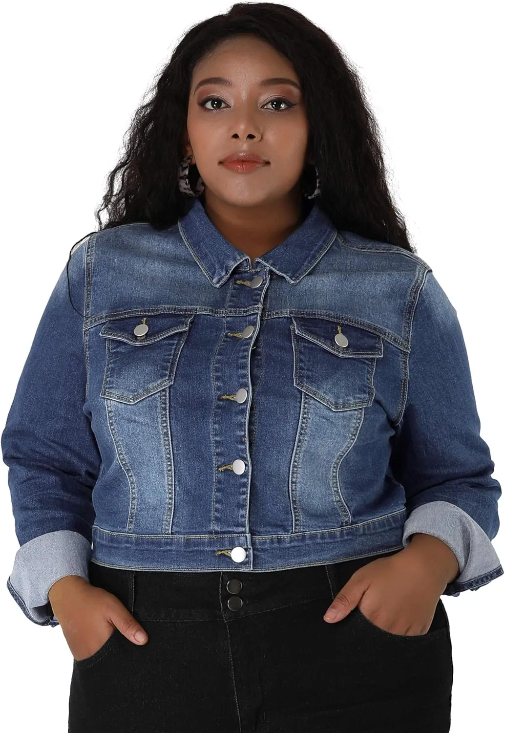 uxcell Women's Plus Size Button Closed Cropped Denim Jackets Stitching 2025