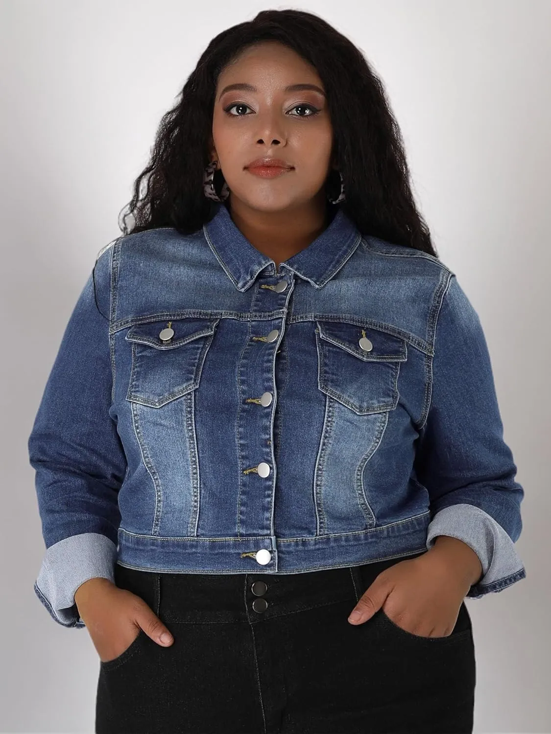 uxcell Women's Plus Size Button Closed Cropped Denim Jackets Stitching 2025