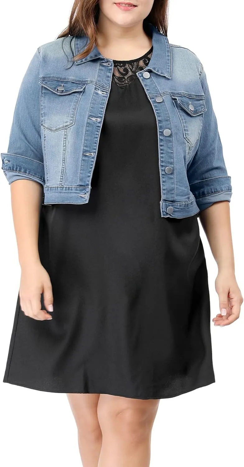 uxcell Women's Plus Size Button Closed Cropped Denim Jackets Stitching 2025