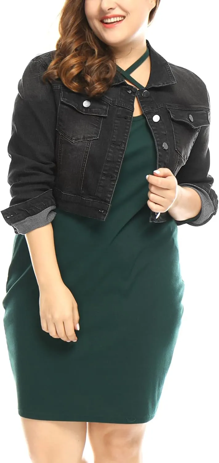uxcell Women's Plus Size Button Closed Cropped Denim Jackets Stitching 2025