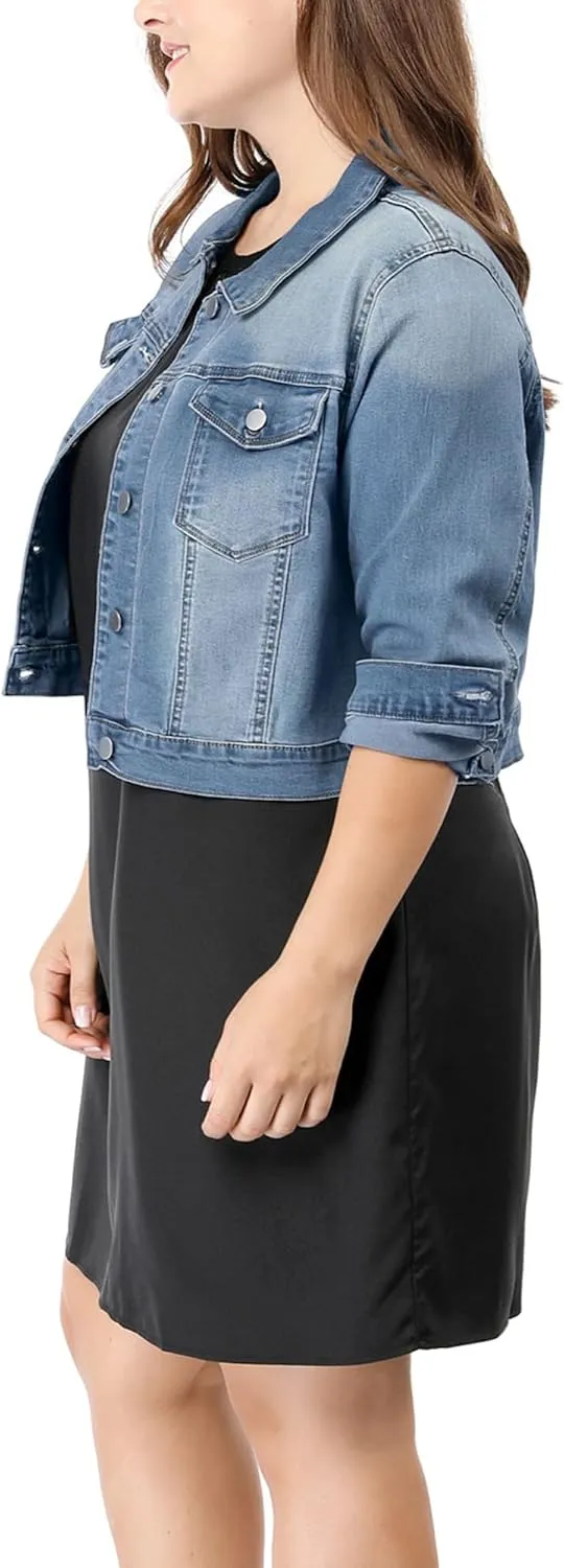 uxcell Women's Plus Size Button Closed Cropped Denim Jackets Stitching 2025