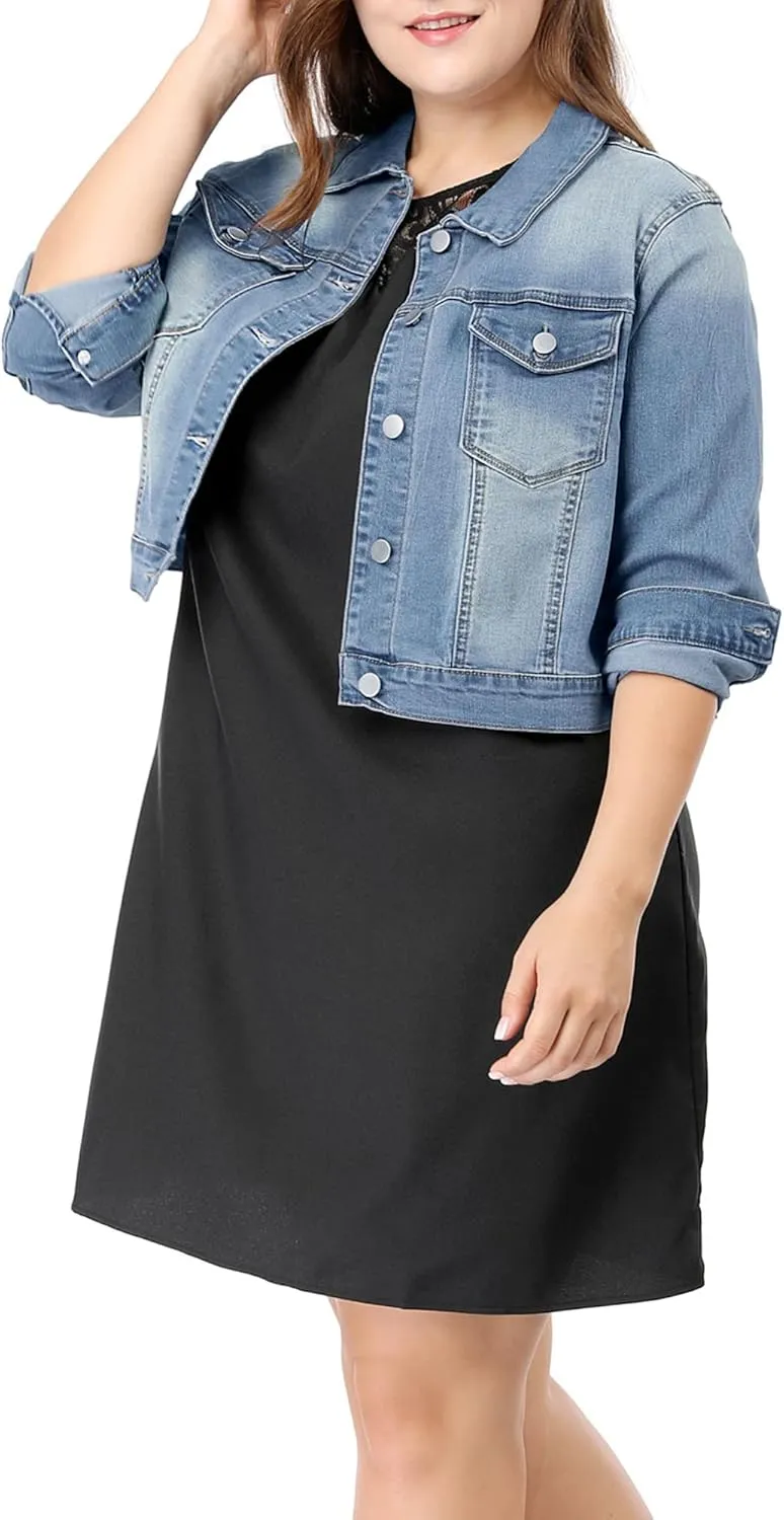 uxcell Women's Plus Size Button Closed Cropped Denim Jackets Stitching 2025