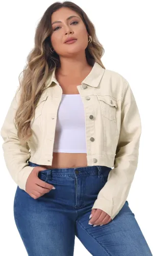 uxcell Women's Plus Size Button Closed Cropped Denim Jackets Stitching 2025
