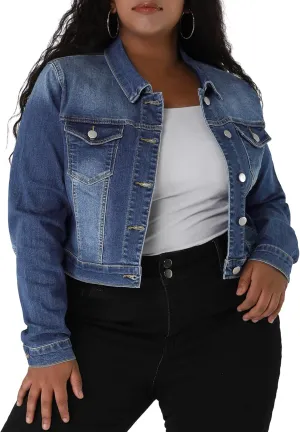 uxcell Women's Plus Size Button Closed Cropped Denim Jackets Stitching 2025