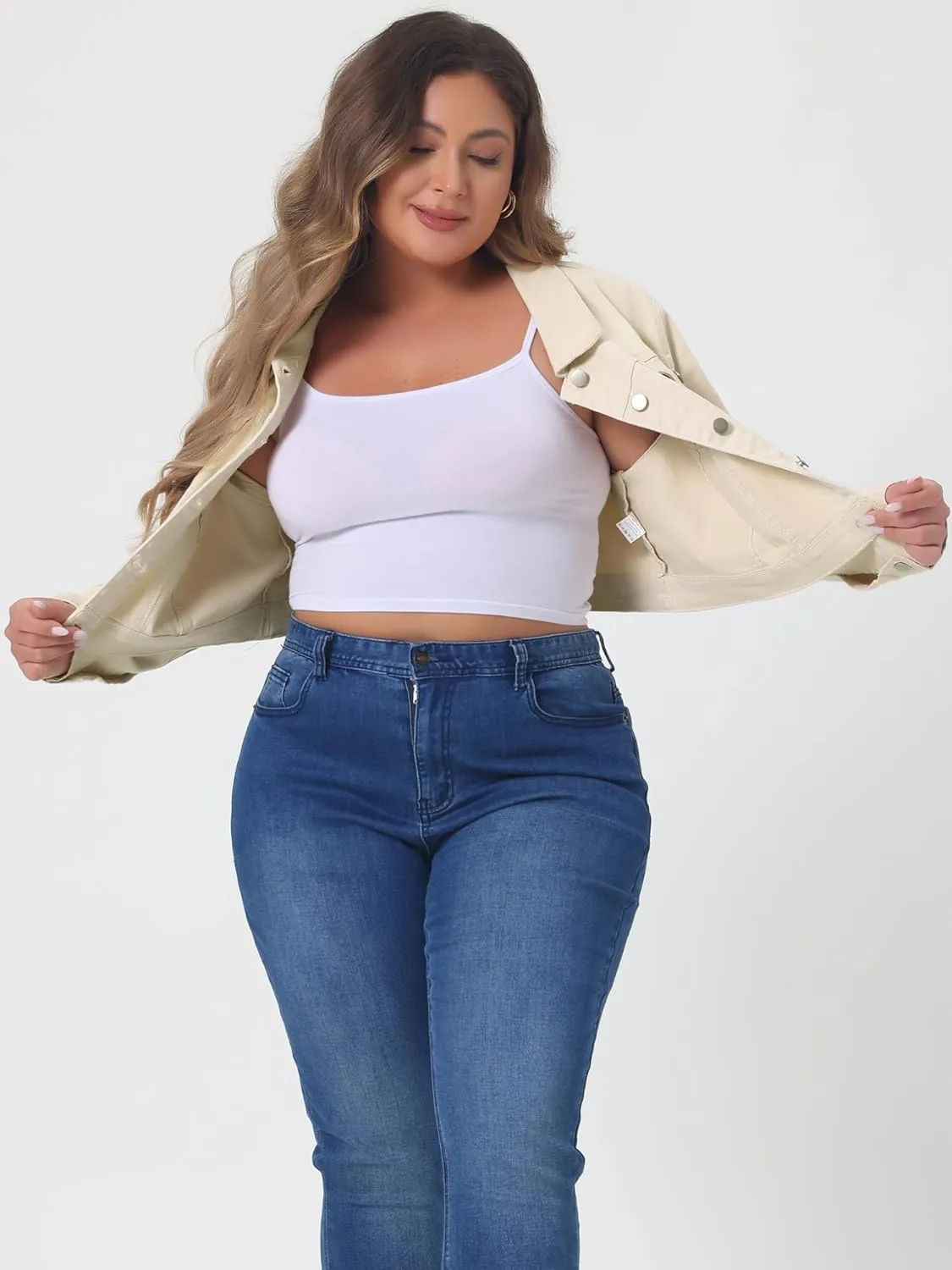 uxcell Women's Plus Size Button Closed Cropped Denim Jackets Stitching 2025