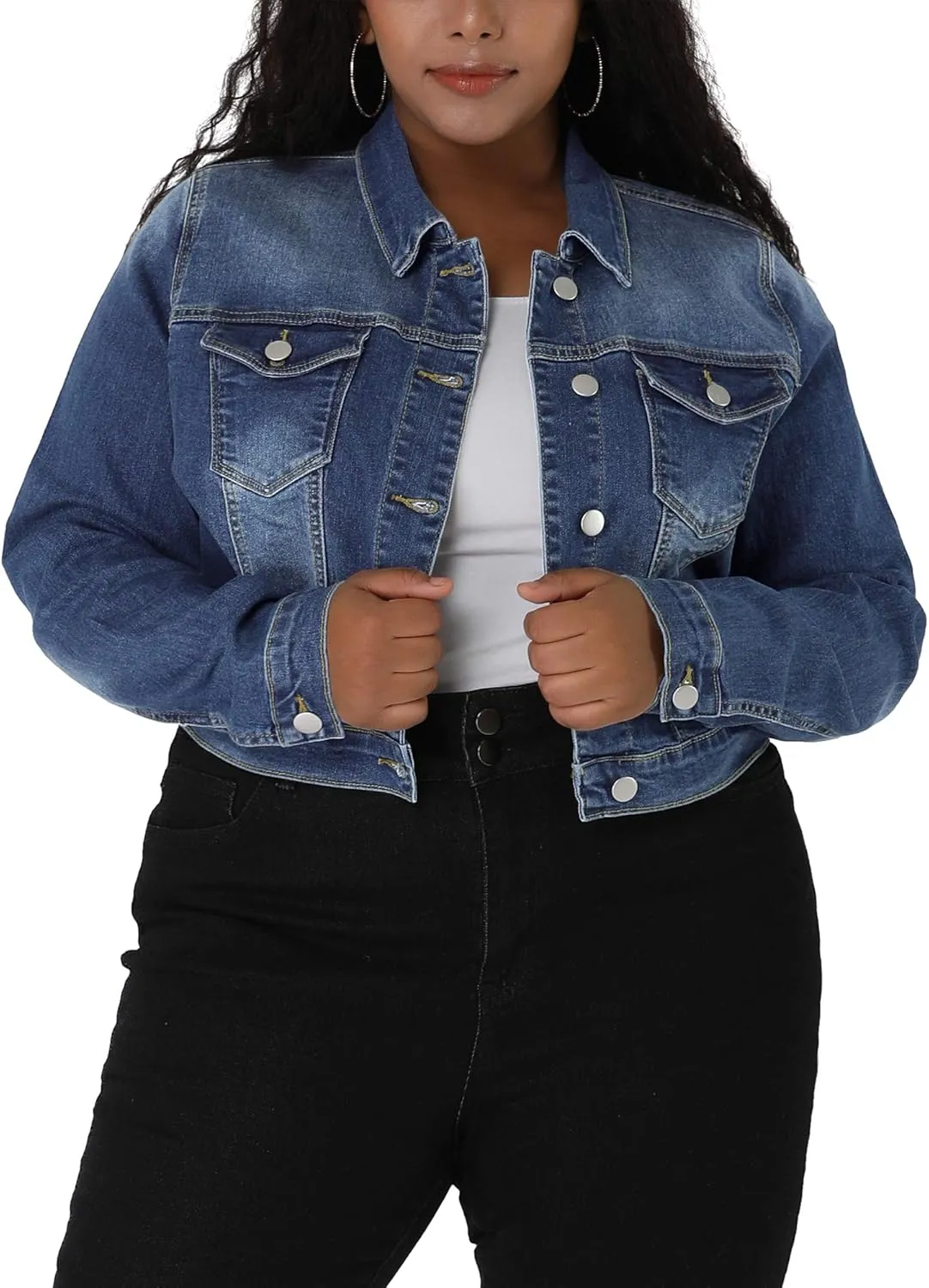 uxcell Women's Plus Size Button Closed Cropped Denim Jackets Stitching 2025