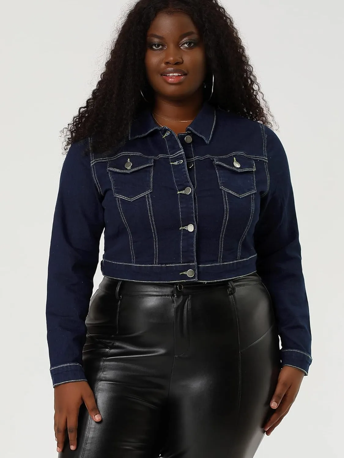 uxcell Women's Plus Size Button Closed Cropped Denim Jackets Stitching 2025