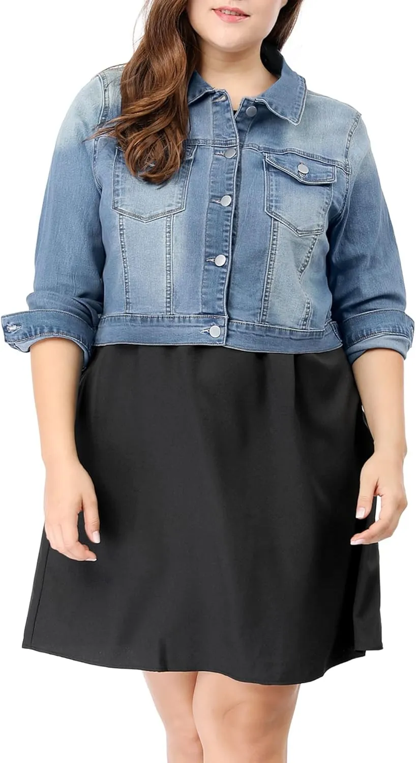 uxcell Women's Plus Size Button Closed Cropped Denim Jackets Stitching 2025