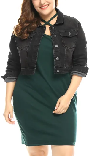 uxcell Women's Plus Size Button Closed Cropped Denim Jackets Stitching 2025