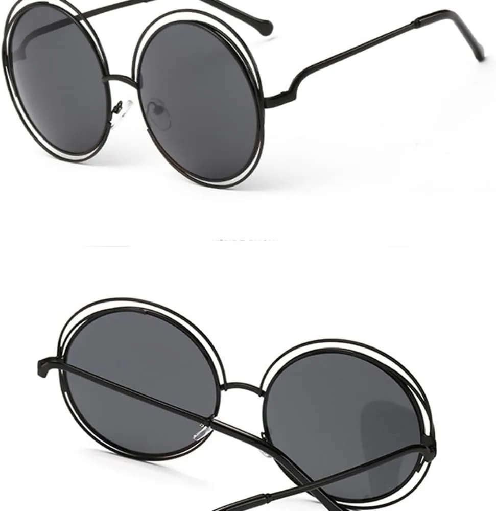 Vintage Ladies Round Sunglasses Women Fashion Metal Big Frame Sun Glasses Female Goggles