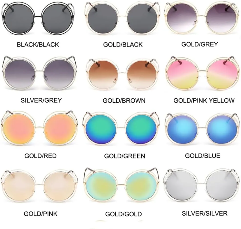 Vintage Ladies Round Sunglasses Women Fashion Metal Big Frame Sun Glasses Female Goggles