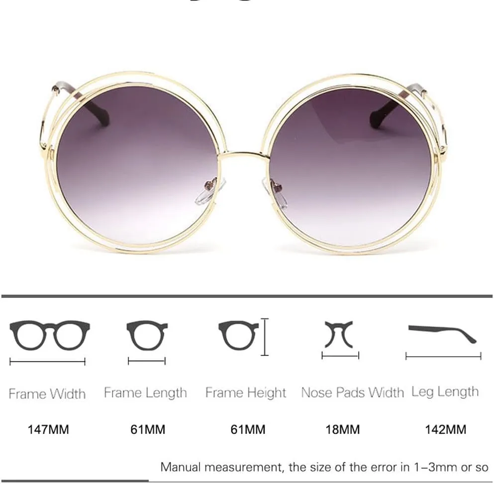 Vintage Ladies Round Sunglasses Women Fashion Metal Big Frame Sun Glasses Female Goggles