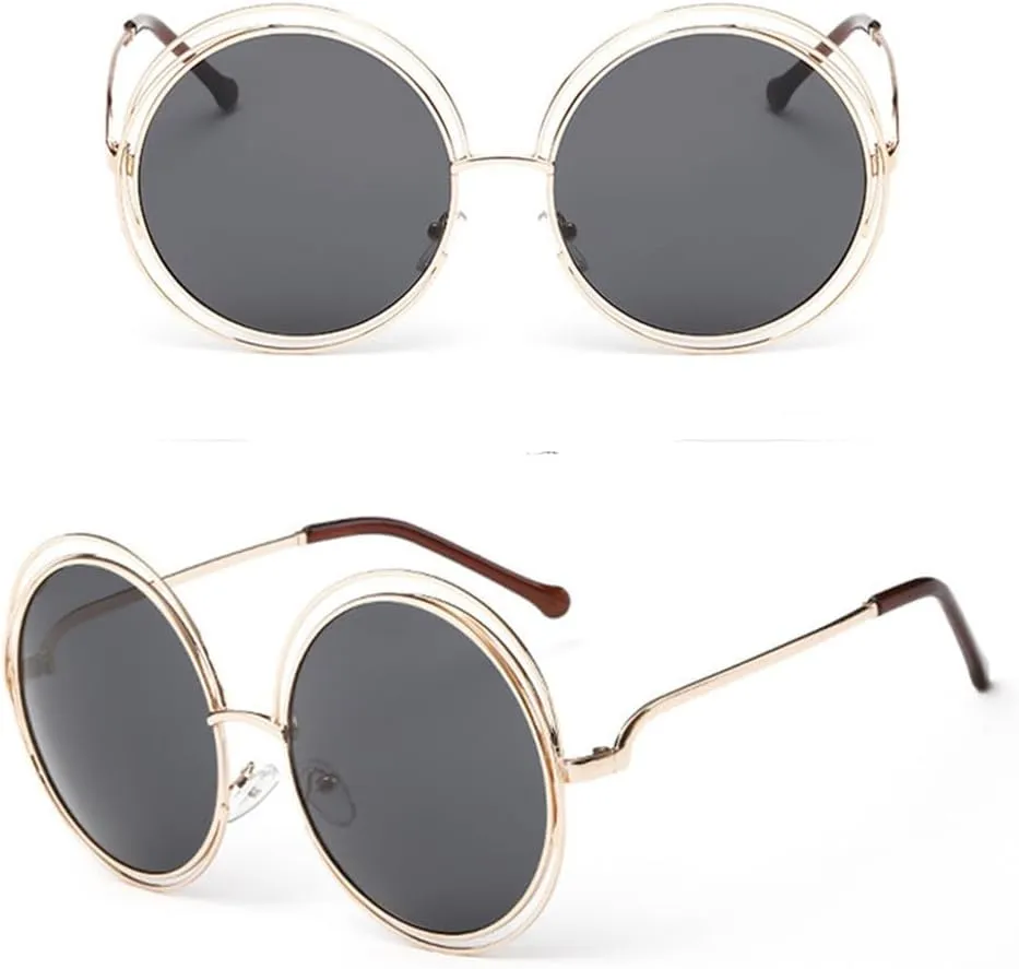 Vintage Ladies Round Sunglasses Women Fashion Metal Big Frame Sun Glasses Female Goggles
