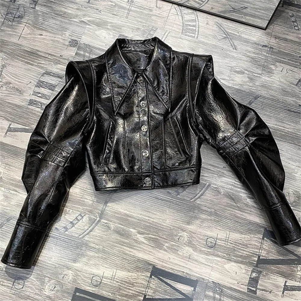 Vintage Streetwear Womens Sheepskin Jackets Turn Down Collar Motorcycle Short Black Leather Jackets