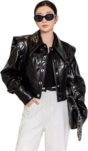 Vintage Streetwear Womens Sheepskin Jackets Turn Down Collar Motorcycle Short Black Leather Jackets