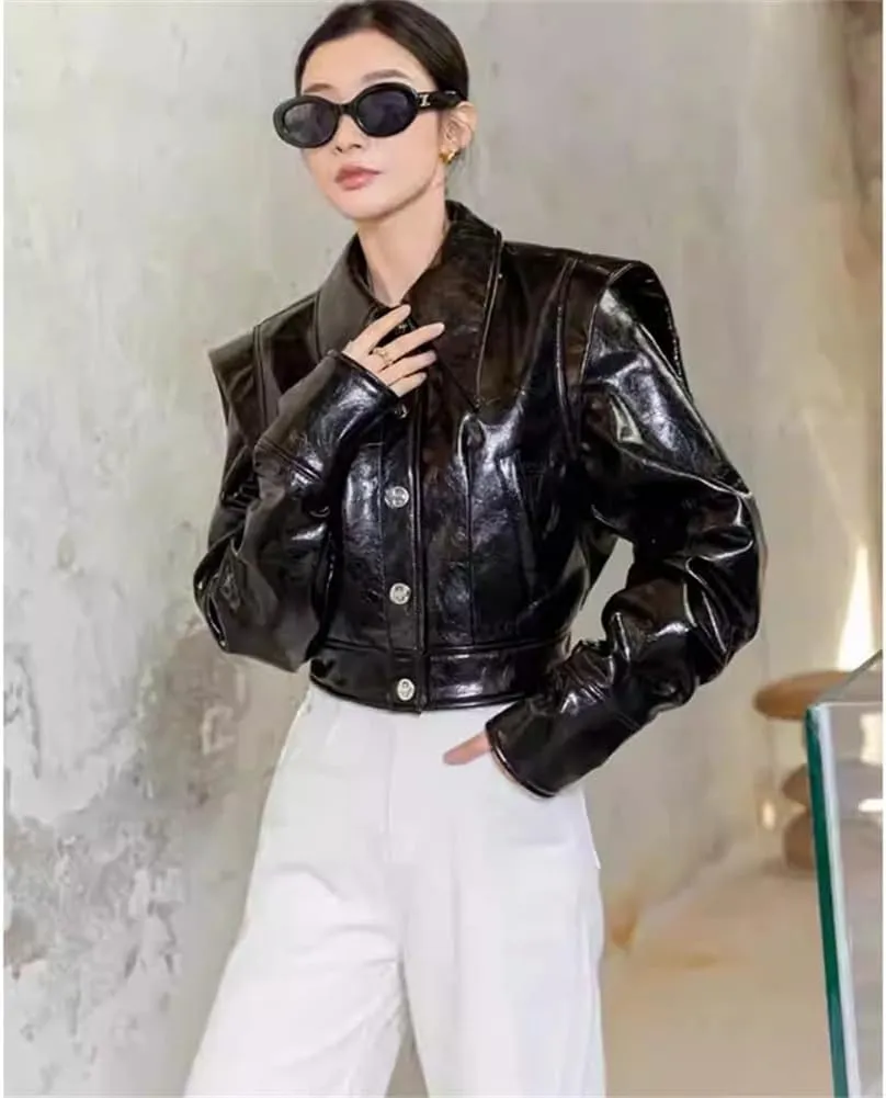 Vintage Streetwear Womens Sheepskin Jackets Turn Down Collar Motorcycle Short Black Leather Jackets
