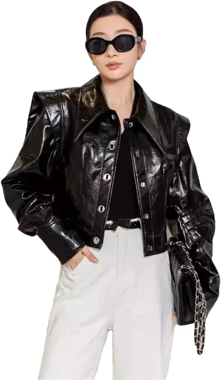 Vintage Streetwear Womens Sheepskin Jackets Turn Down Collar Motorcycle Short Black Leather Jackets