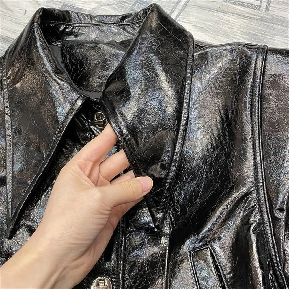 Vintage Streetwear Womens Sheepskin Jackets Turn Down Collar Motorcycle Short Black Leather Jackets