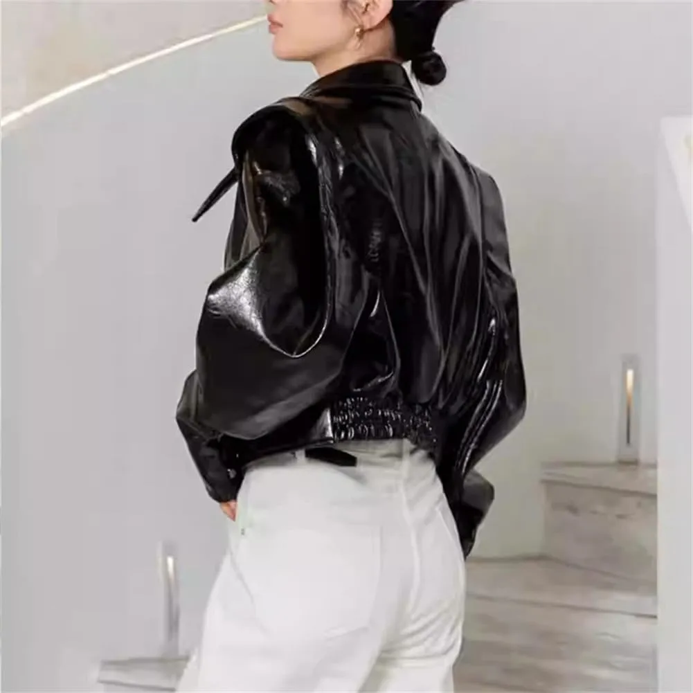 Vintage Streetwear Womens Sheepskin Jackets Turn Down Collar Motorcycle Short Black Leather Jackets
