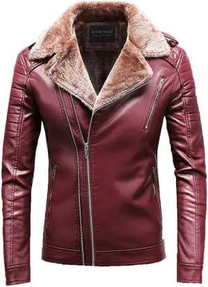 VIVICOLOR Men's Fleece Lined Bomber Faux Leather Jacket Men's Lapel Fur Lined Leather Coats Winter Sherpa Lined Jackets