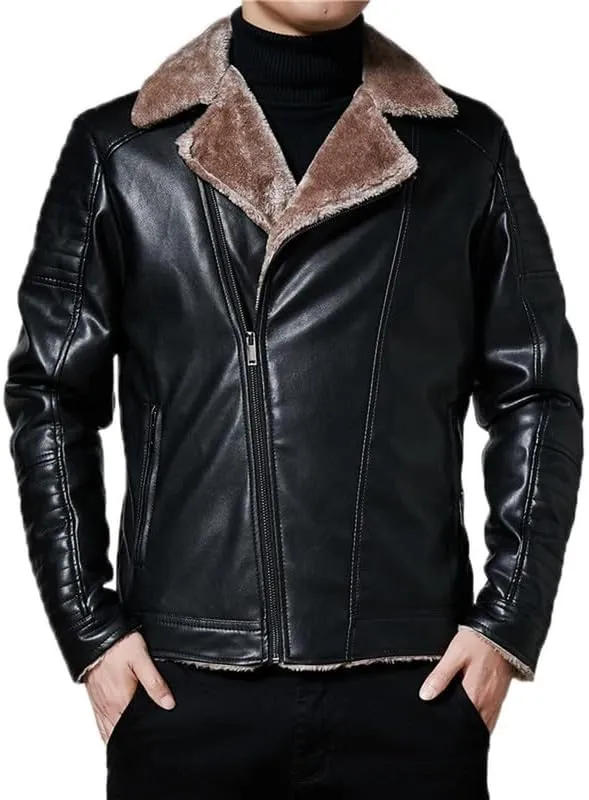 VIVICOLOR Men's Fleece Lined Bomber Faux Leather Jacket Men's Lapel Fur Lined Leather Coats Winter Sherpa Lined Jackets