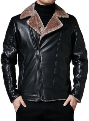 VIVICOLOR Men's Fleece Lined Bomber Faux Leather Jacket Men's Lapel Fur Lined Leather Coats Winter Sherpa Lined Jackets