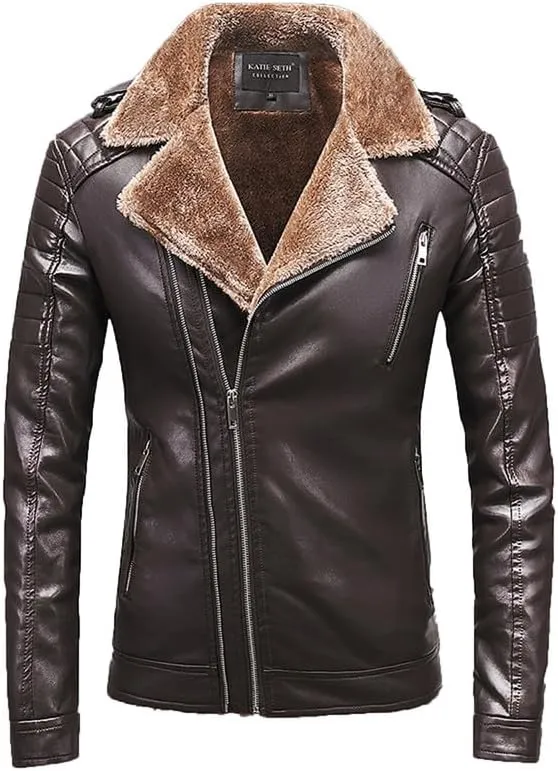 VIVICOLOR Men's Fleece Lined Bomber Faux Leather Jacket Men's Lapel Fur Lined Leather Coats Winter Sherpa Lined Jackets