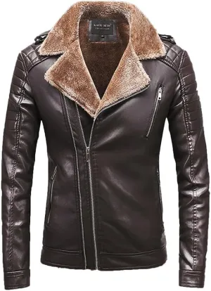 VIVICOLOR Men's Fleece Lined Bomber Faux Leather Jacket Men's Lapel Fur Lined Leather Coats Winter Sherpa Lined Jackets