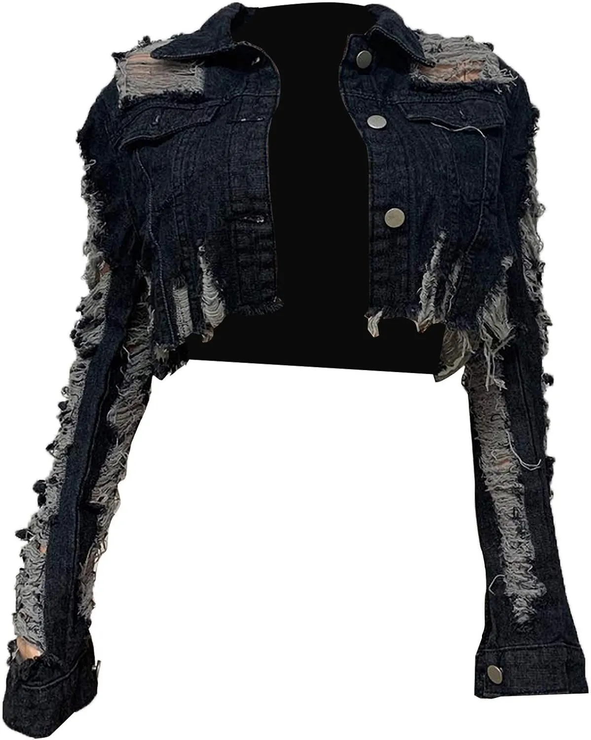 Voghtic Women Sexy Ripped Denim Jackets Lapel Button Down Short Crop Top Jeans Coat