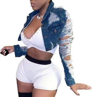 Voghtic Women Sexy Ripped Denim Jackets Lapel Button Down Short Crop Top Jeans Coat