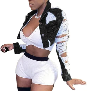 Voghtic Women Sexy Ripped Denim Jackets Lapel Button Down Short Crop Top Jeans Coat