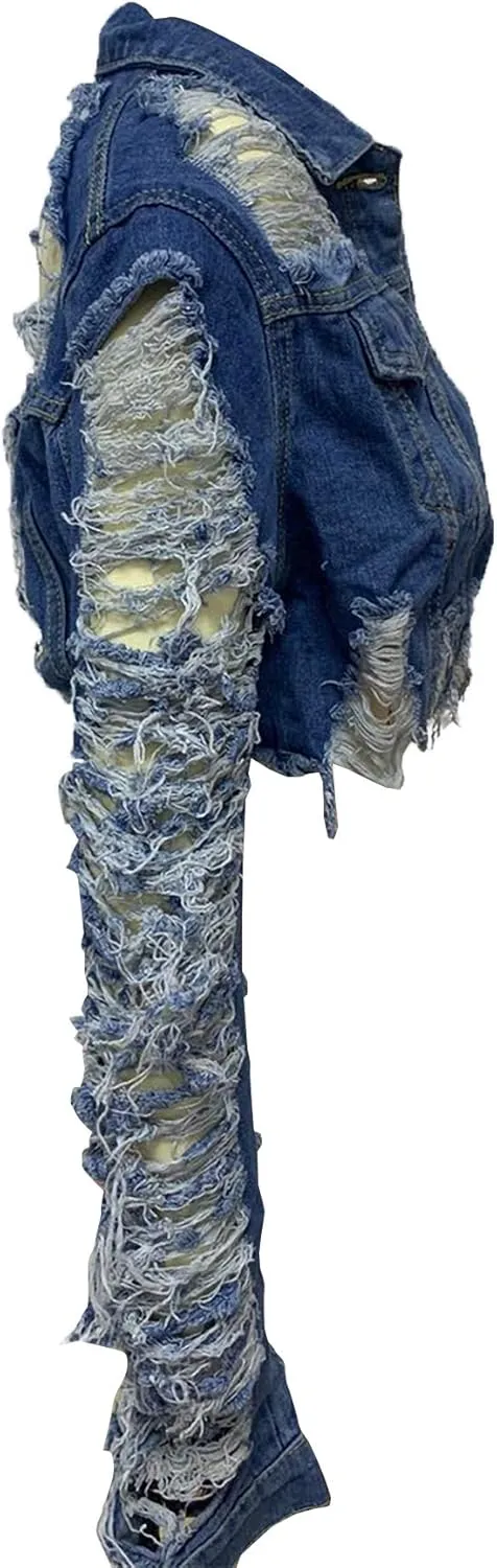 Voghtic Women Sexy Ripped Denim Jackets Lapel Button Down Short Crop Top Jeans Coat