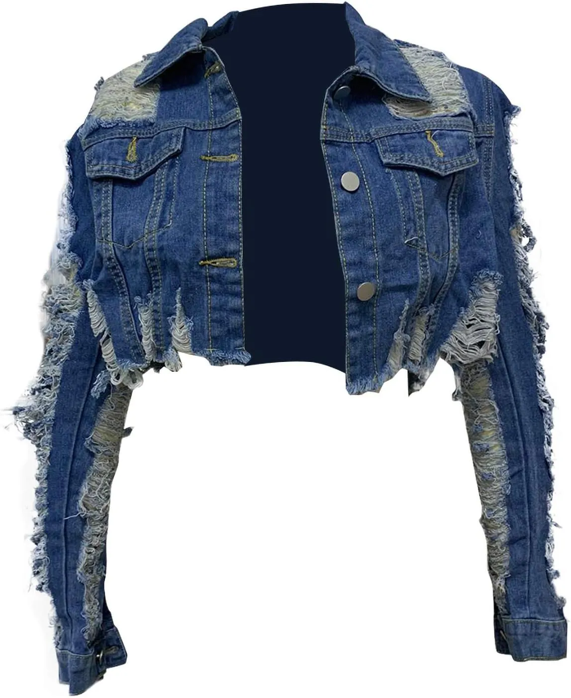 Voghtic Women Sexy Ripped Denim Jackets Lapel Button Down Short Crop Top Jeans Coat