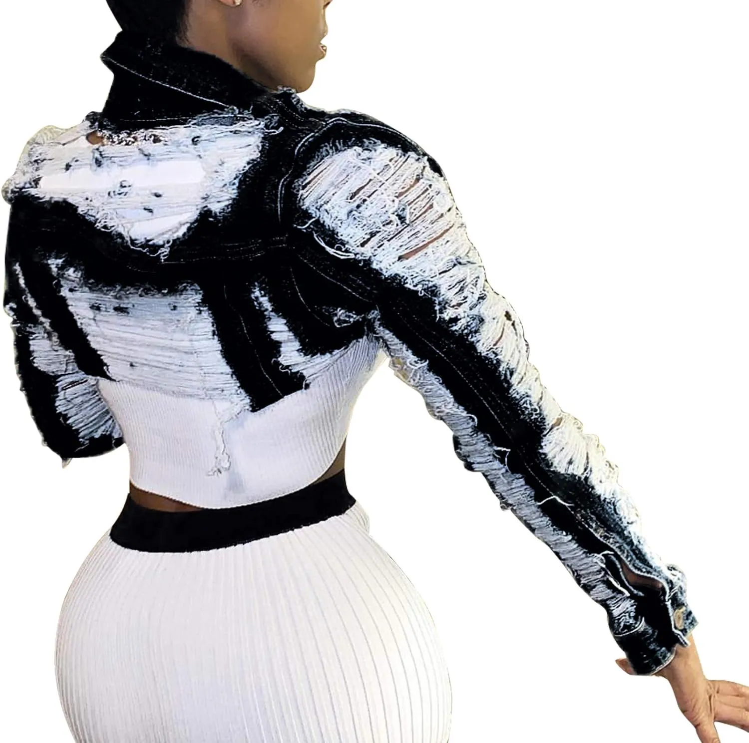 Voghtic Women Sexy Ripped Denim Jackets Lapel Button Down Short Crop Top Jeans Coat