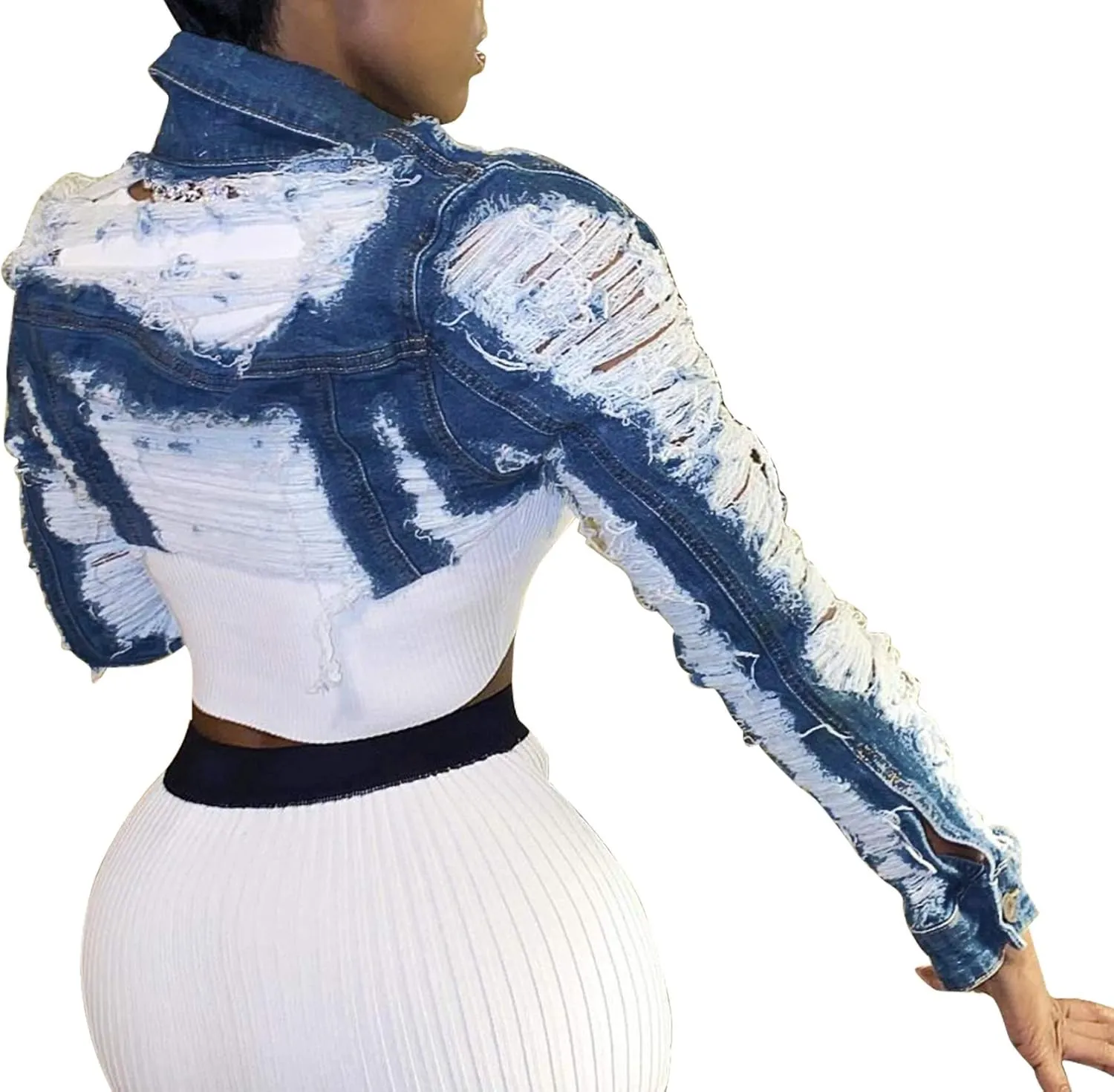 Voghtic Women Sexy Ripped Denim Jackets Lapel Button Down Short Crop Top Jeans Coat